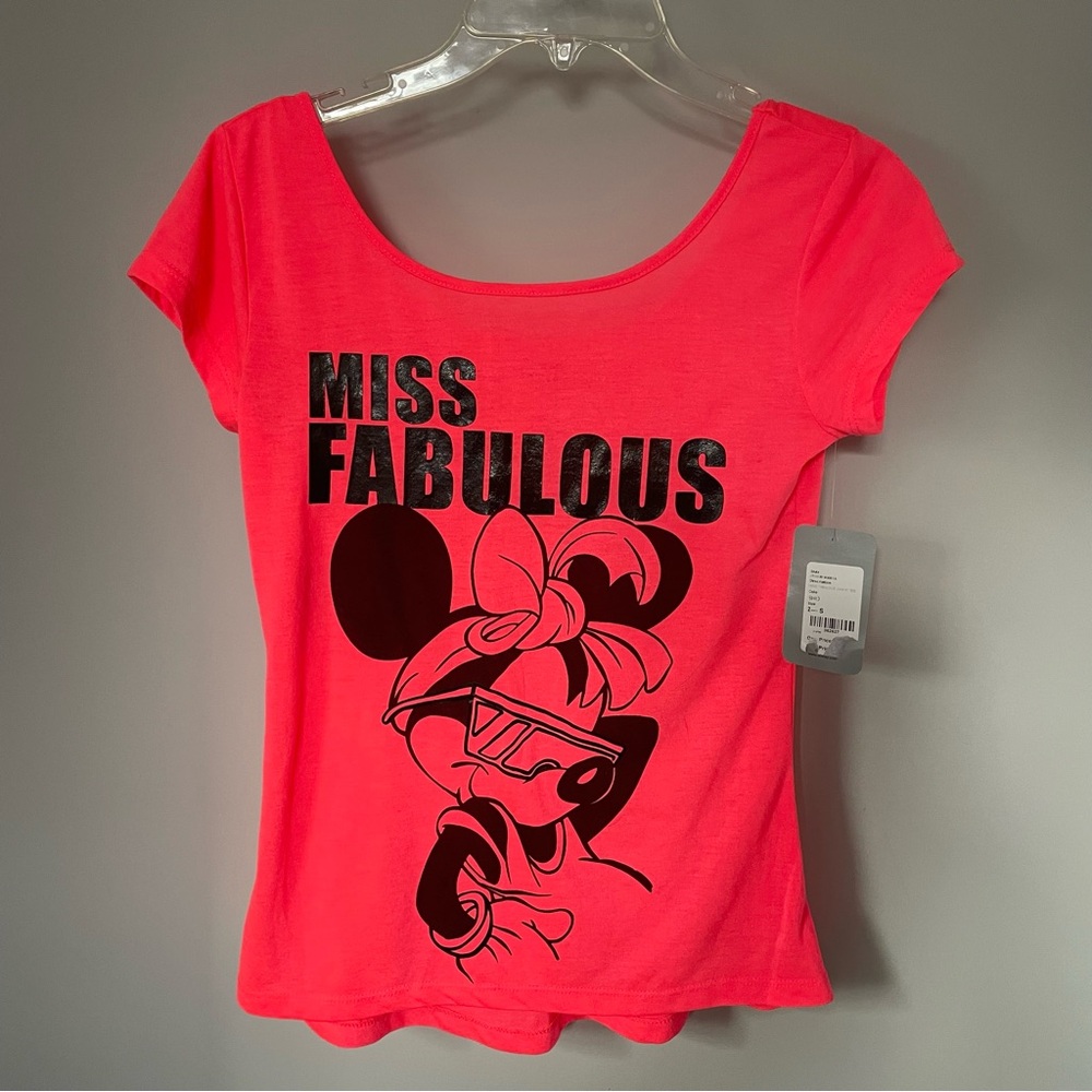 NWT Disney Minnie Mouse “Miss Fabulous” Neon Coral Tee Girl’s Junior Size 3/5